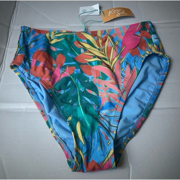 Kona Sol High Waisted Swim Bikini Bottoms Blue Floral, Small - Picture 1 of 5